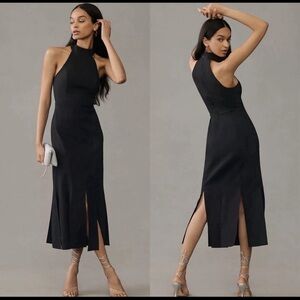 Anthropologie Black Sleeveless High-Neck Midi Dress with Front Slits